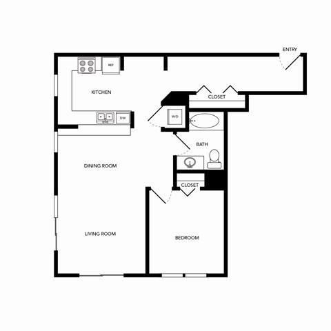 Floor plan for 1 bed, 1 bath, 878 sqft